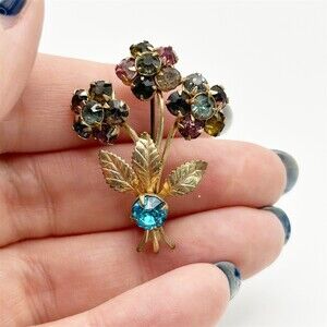 Vintage Blue Purple Rhinestone Floral Spray Brooch Gold Tone Bouquet Pin